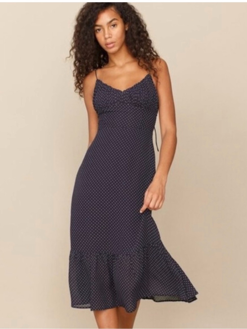 Reformation Navy Polka Dot Midi Slip Dress